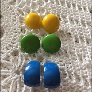 Trio Of Colorful Metal Pierced Earrings Blue Yellow and Green Retro